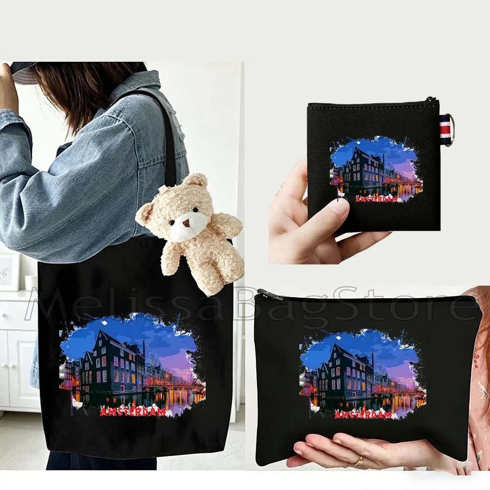 Set Regalo 4 Pezzi Amsterdam Paesi Bassi: Borsa Tote in Tela Nera con Borsa Portaoggetti per Bambole, Portachiavi, Portamonete e Pochette per Cosmetici/Trucchi
