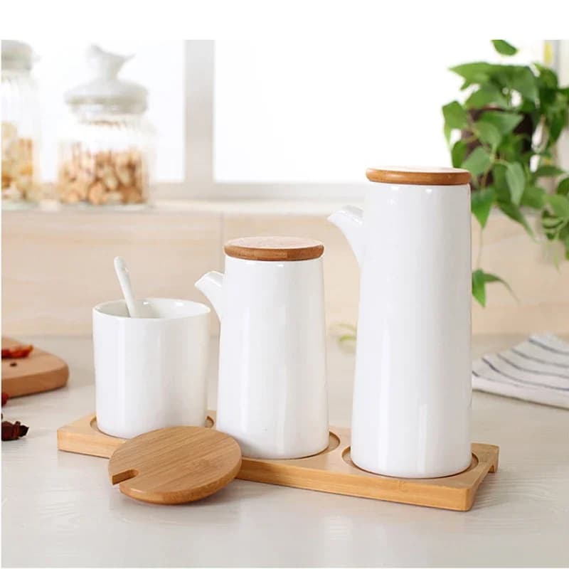 3pcs Ceramic Seasoning Bottle Nordic Style Kitchen Jar Set Wooden Lid Salt Shaker Accessories