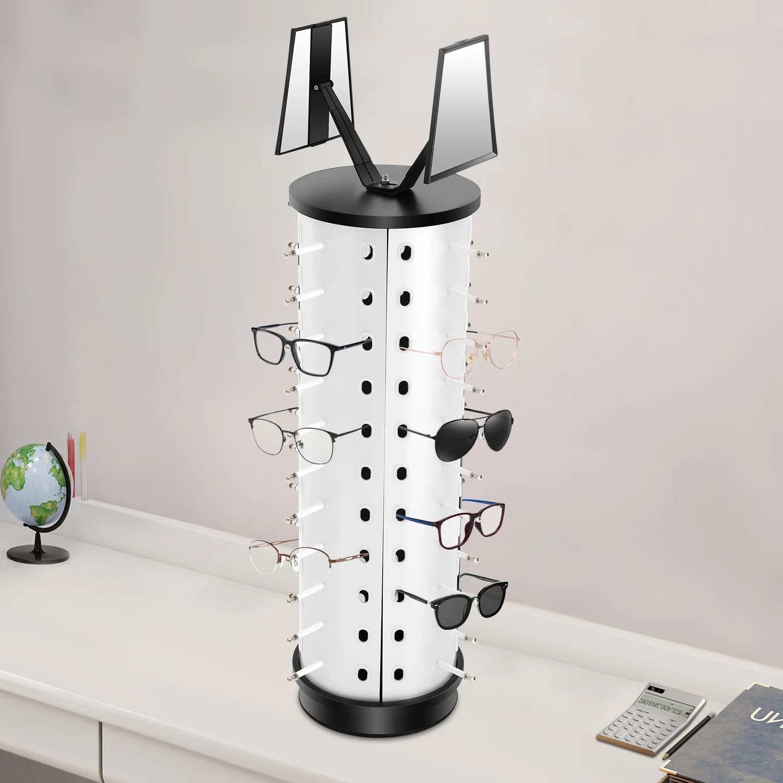 360° Rotating Eyeglasses Display Stand with 44 Holes & 2 Adjustable Mirrors, Floor Mount Optical Store Rack for Sunglasses