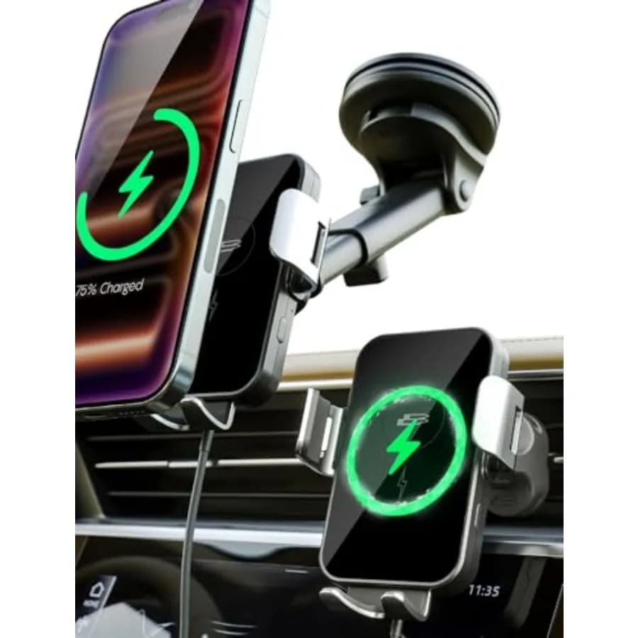 Supporto per cellulare da auto PwrUp Auto 15W Qi con ricarica wireless rapida, per cruscotto, parabrezza e presa d'aria.