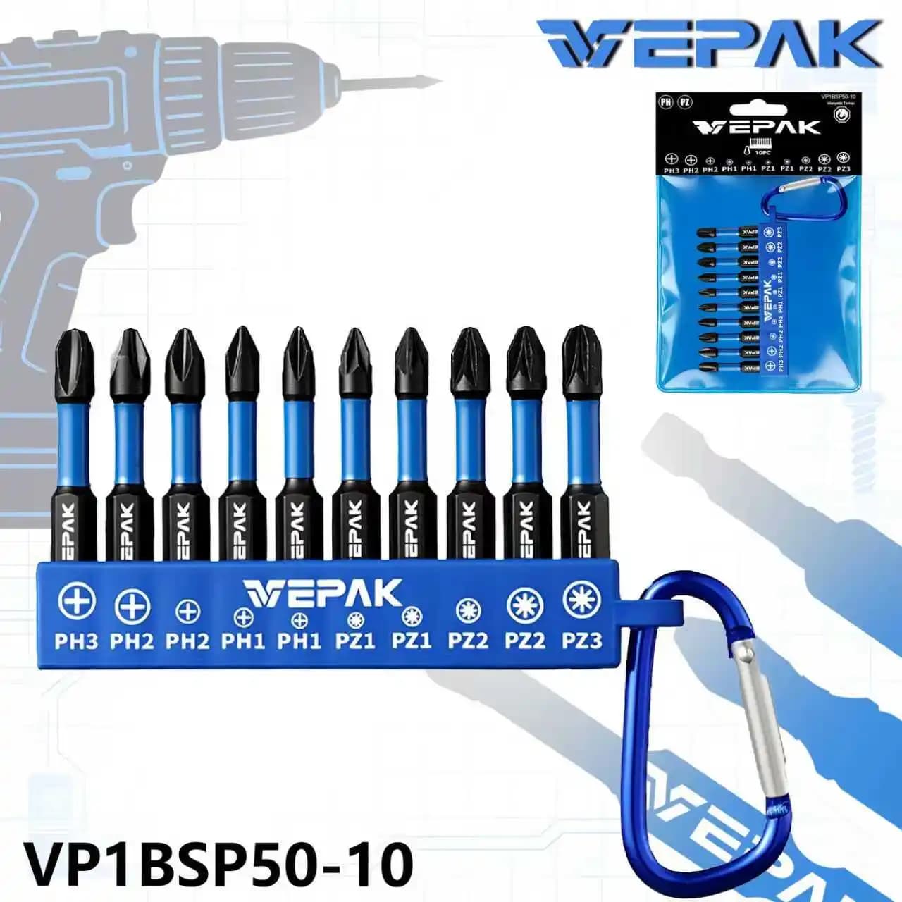 VEPAK VP1BSP50-10 Set di Punte per Avvitatore a Impatto Industriale 50mm in Acciaio S2 Antiscivolo con Clip Magnetica a Moschettone PH/PZ/Torx Mix per Elettroutensili