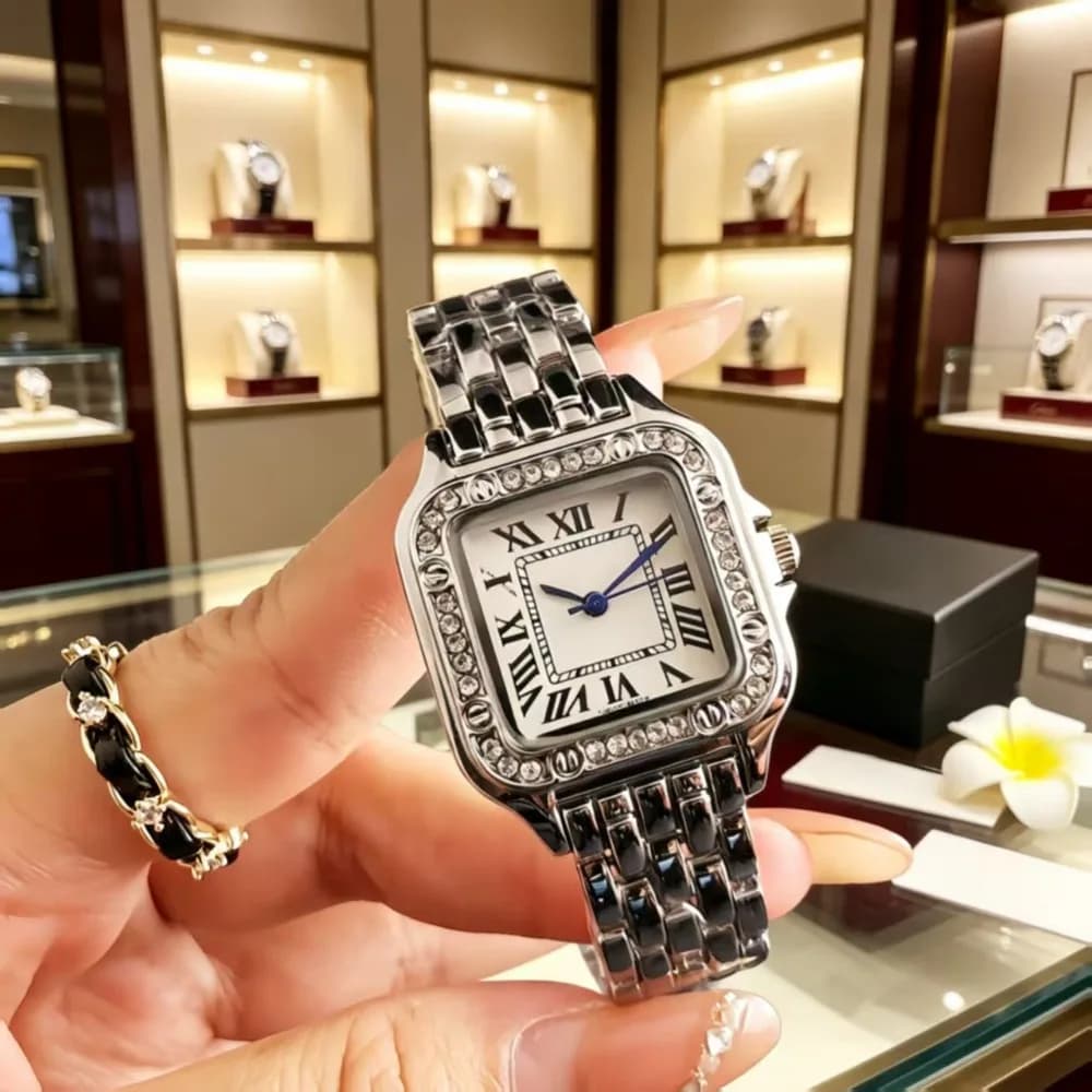 Luxury Silver Tone Women Watch Square Diamond Bezel Roman Numeral Dial Quartz Wristwatch