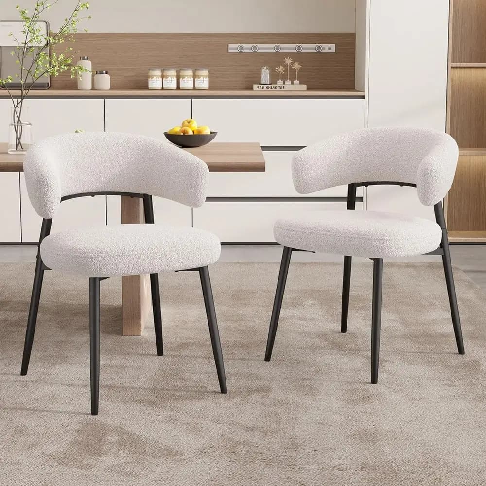 Sedie da Pranzo Moderne Bianche Imbottite con Schienale Curvo e Gambe in Metallo, Set di 2 per Cucina o Sala da Pranzo