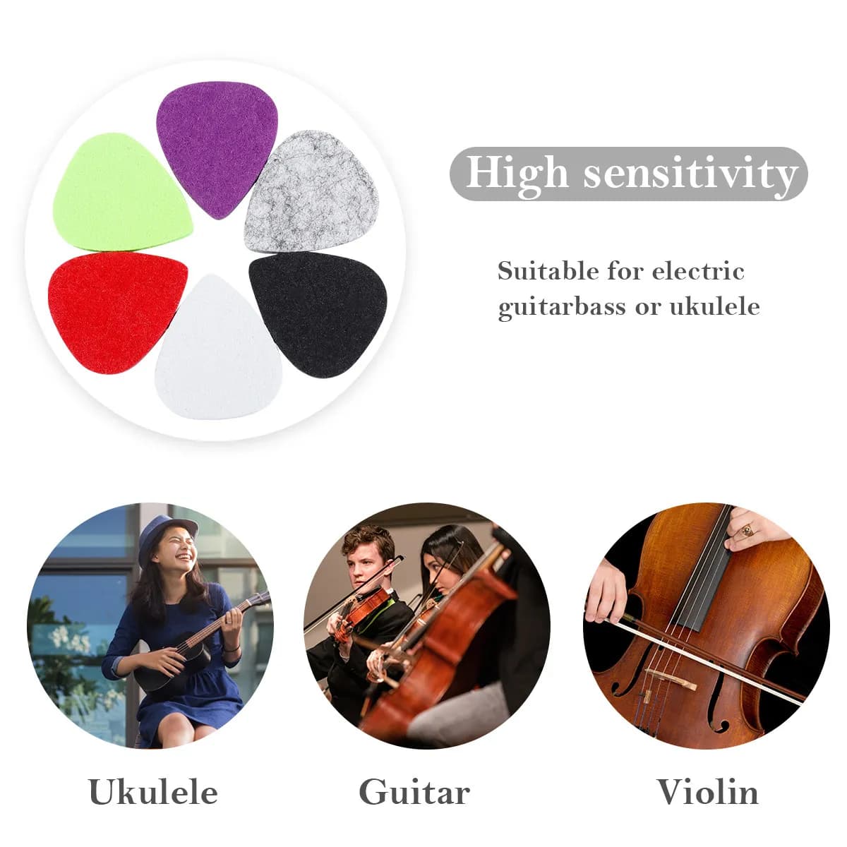Set di 6 Plettri Premium in Feltro di Lana per Chitarra e Ukulele, Impugnatura Morbida e Confortevole per Chitarra Elettrica, Basso e Ukulele