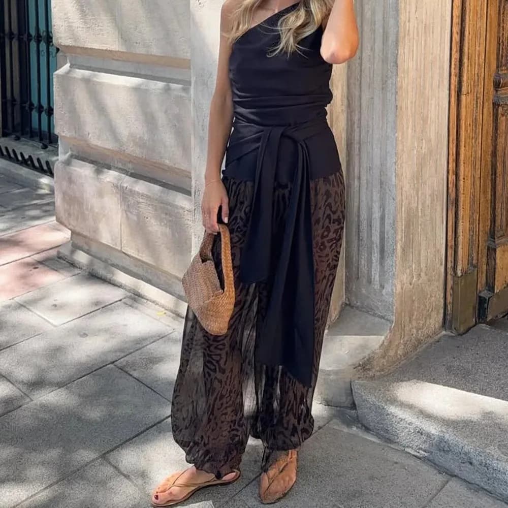 KONDALA Pantaloni lunghi in chiffon con stampa leopardata vintage Pantaloni a lanterna a gamba larga a vita alta Moda 2025 Pantaloni da vacanza Boho autunnali