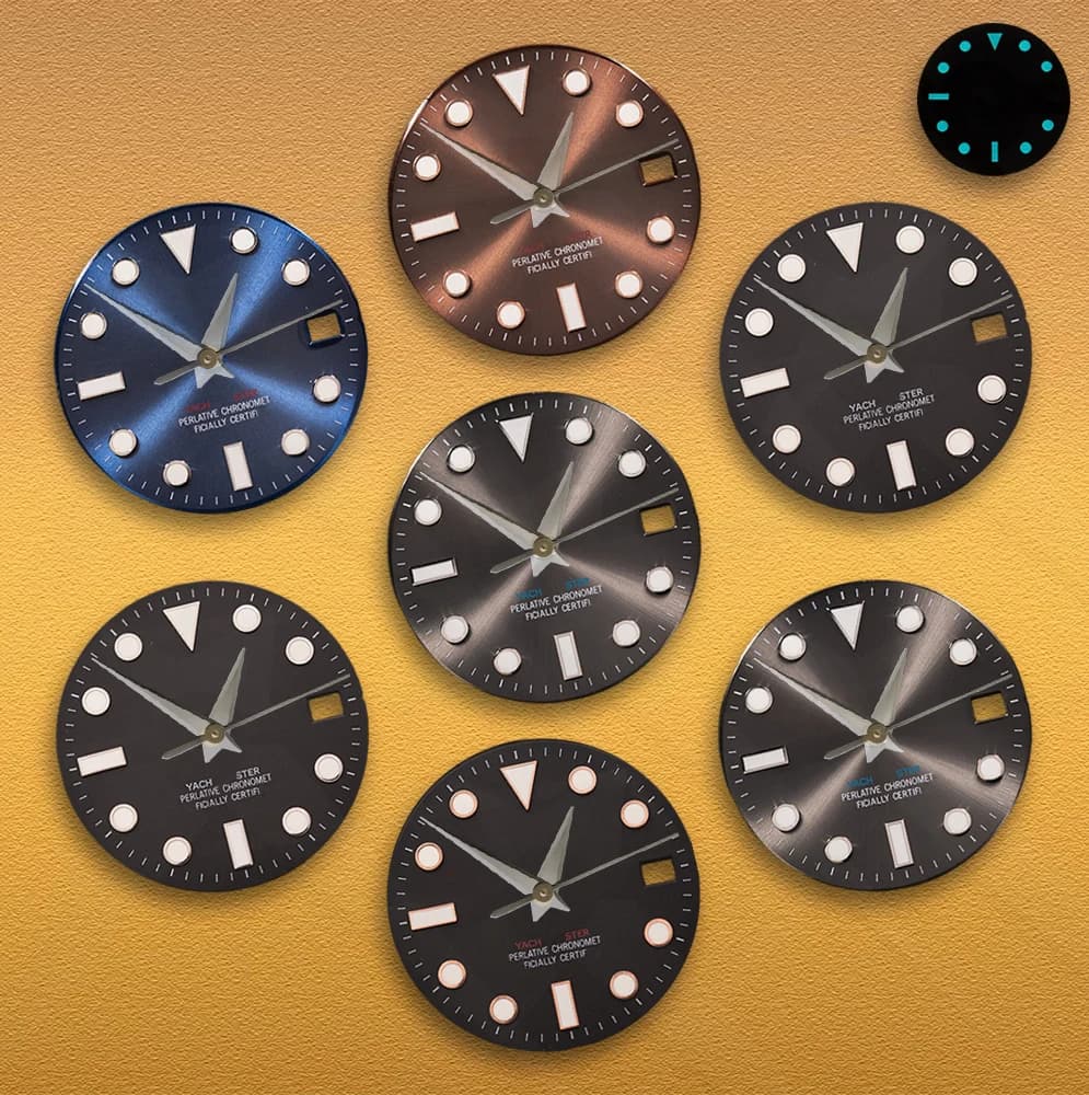 Men's watches with SEI S logo, classic dial with 28,5 mm sun pattern, NH36/NH35 movements, green luminescence C3, accessories for changing watches