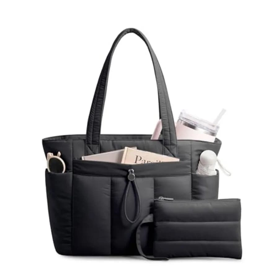 Puffy Tote Bag for Women with Cup Holder and Laptop Compartment and Cosmetic Bag and Trolley Sleeve for Work, Travel
