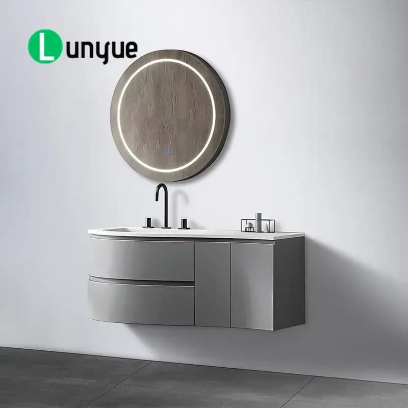 Curved Wave Floating Bathroom Sink Set Silver Gray Glossy Solid Surface Plywood Round Wood Frame LED Mirror Wall Mounted