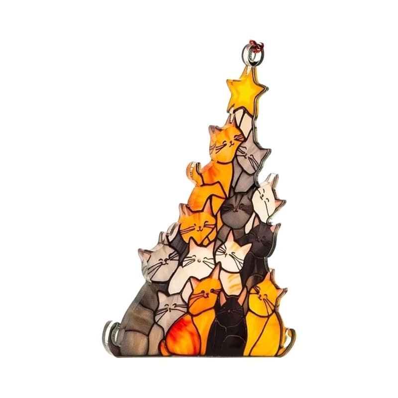 R9UF Window Panel Cats Christmas Tree Suncatchers Decors Stained Glass Window Hangings