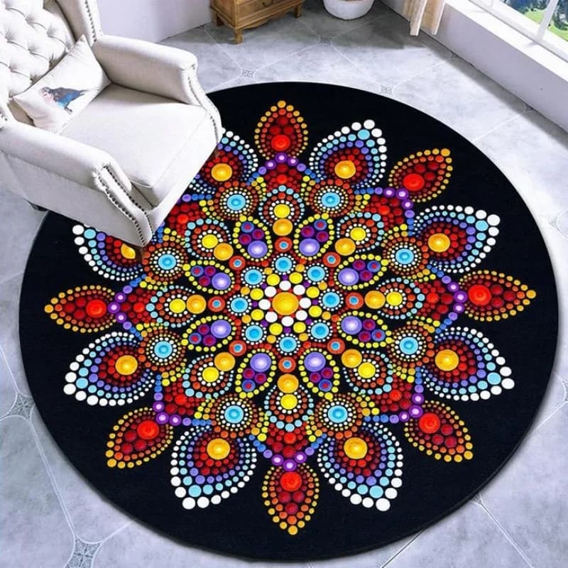 Carpet with multicolor circular points on black background, psychedelic and spiritual design, for meditation spaces or yoga studies