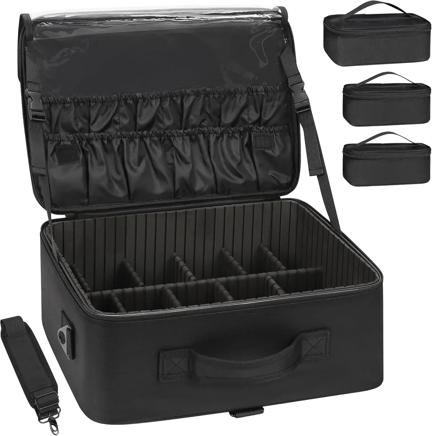 Large Bag for Make-up with 3 Removable Pockets, Adjustable Dividers, Brush Door and Travel Paste