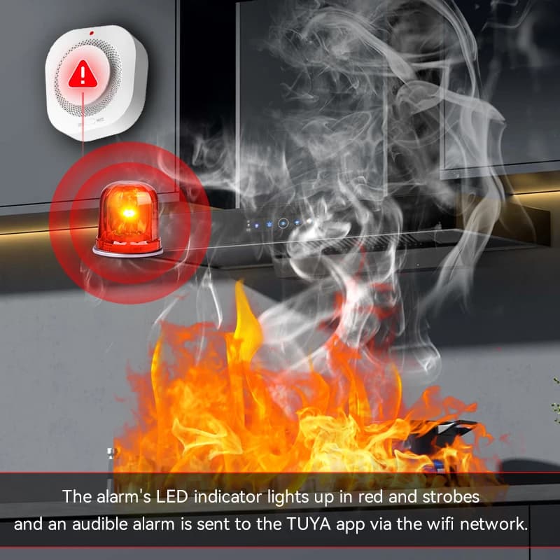 Allarme rilevatore di fumo intelligente WiFi Tuya, alta sensibilità, controllo APP per la sicurezza domestica