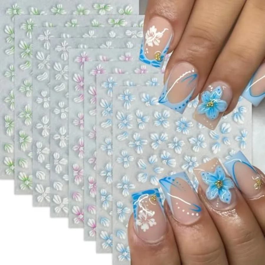 4Sheets Nail Stickers Hibiscus Nail Art Stickers White Pink Blue Green Nail Decals Self-Adhesive Petal Nail Design Ice s Sticke