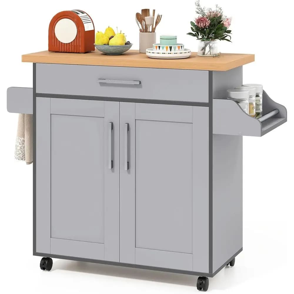 Gray Rolling Kitchen Island with Spice Rack, Towel Bar, and 2-Door Storage Cabinet