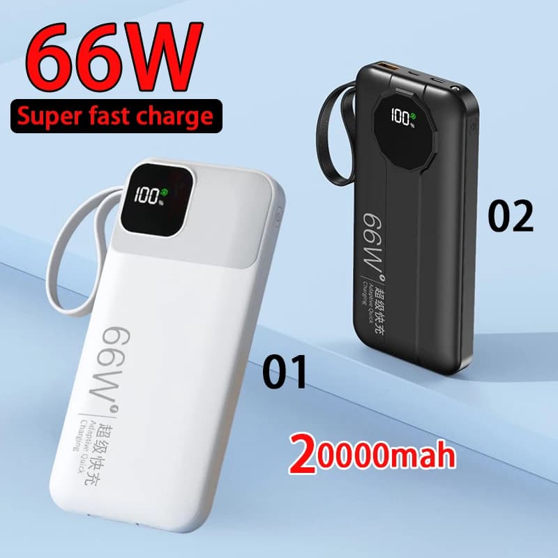 Batteria di ricambio 3C a ricarica rapida da 66 W con cavo integrato Display digitale 20000 mAh per batteria di backup Iphone Xiaomi