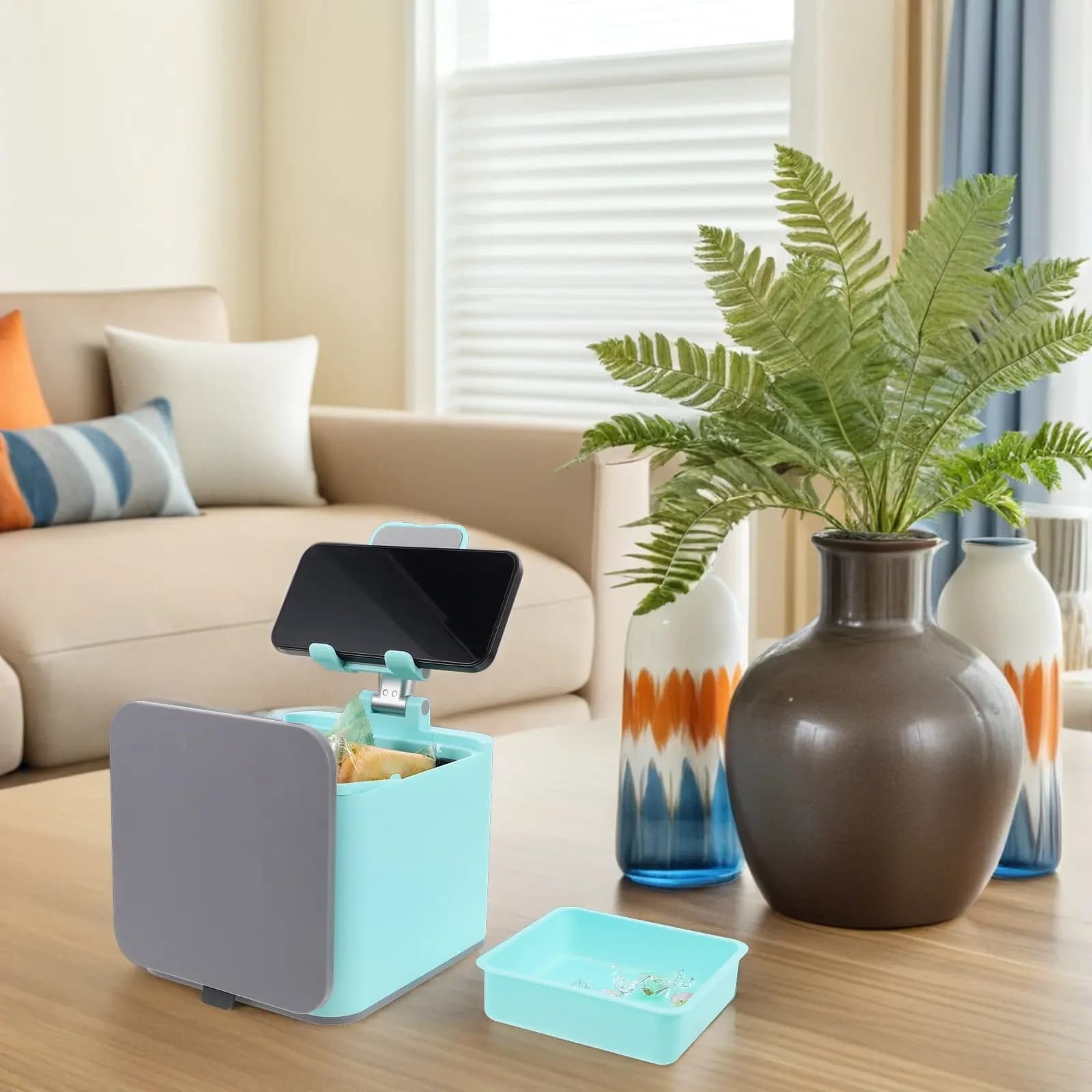 Compact Desk Trash Can with Adjustable Phone Stand Versatile Storage Box for Keys Pens Small Items Modern Decorative Wastebasket