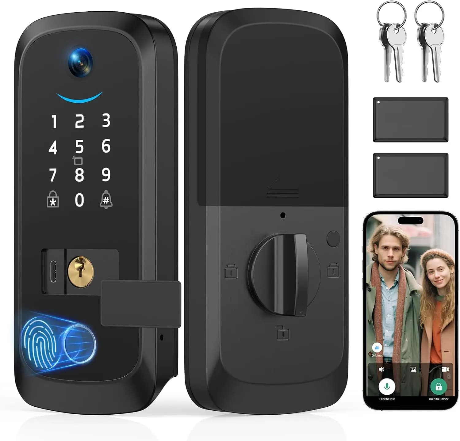 Serratura Intelligente con Videocamera, Batteria Ricaricabile, Controllo App, Impronta Digitale, Scheda IC e Tastierino per Porta d'Ingresso