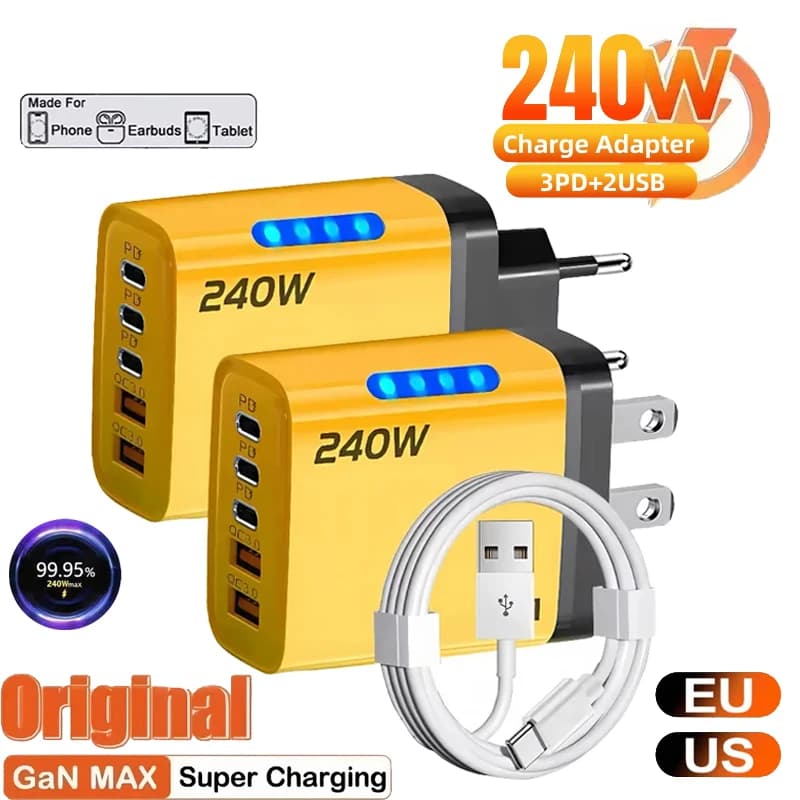 Caricatore Rapido GaN 240W QC3.0 PD a 5 Porte con Spina EU/US e Luce LED per iPhone Samsung Huawei