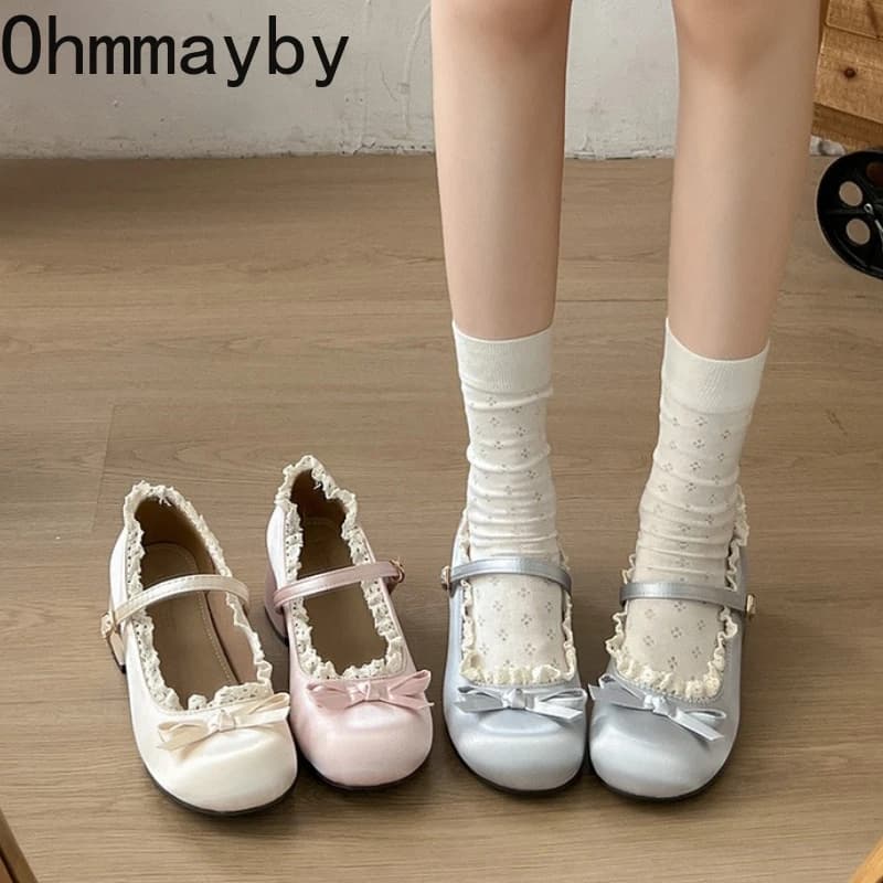 Scarpe Mary Jane da Donna con Fiocco in Pizzo, Stile Lolita, Eleganti Scarpe con Tacco Medio per Feste, Pumps Eleganti da Donna