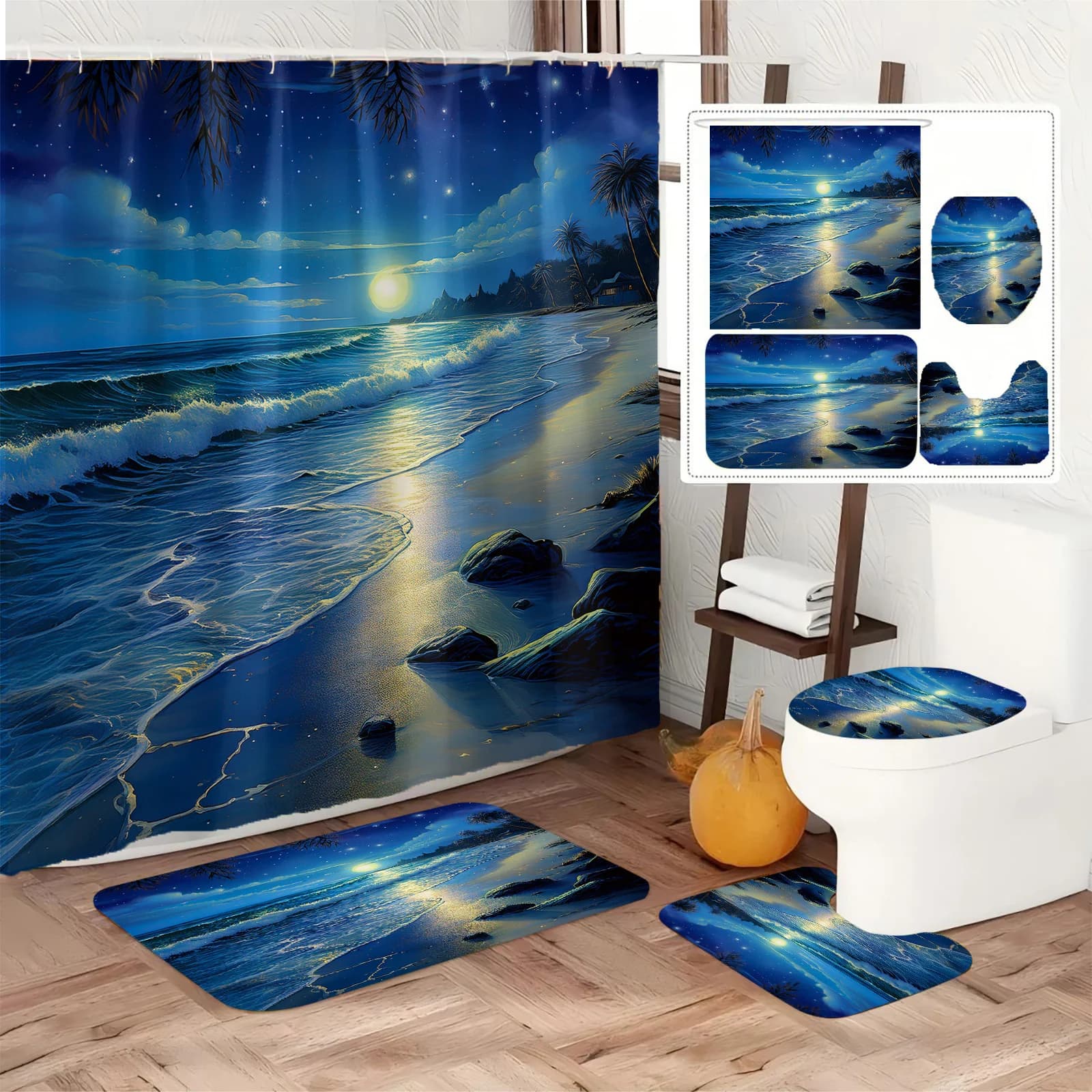 Set da bagno al tramonto tropicale: tenda da doccia, tappetino, asciugamano, copriwater - 4 pezzi di decorazioni impermeabili per un bagno sereno