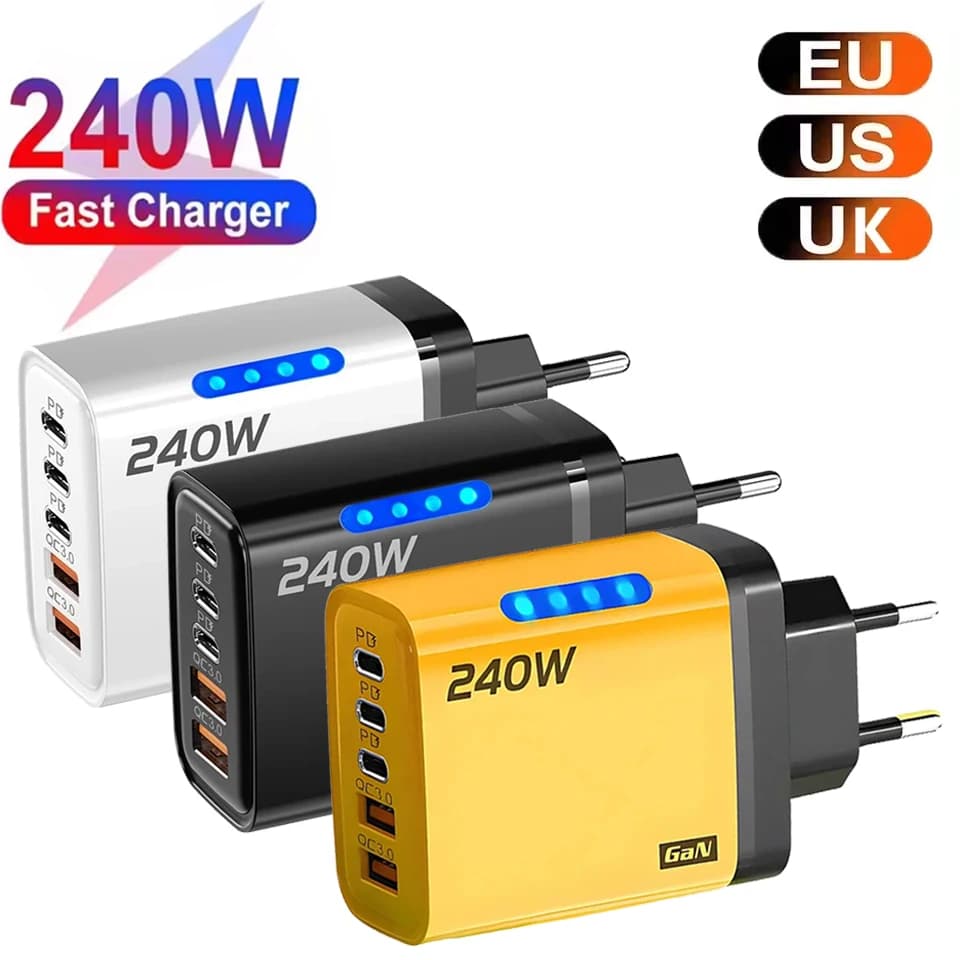 Caricatore da parete rapido USB C GaN 240W con spina EU/US/UK, 5 in 1, adattatore da viaggio a ricarica rapida per iPhone, Xiaomi, Huawei, Samsung