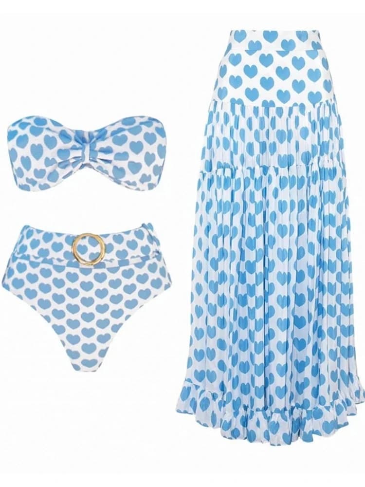 Fashionable integer swimsuit printed blue retro bikini and skirt trimmed by woman, summer bandage, beach, elegant luxury