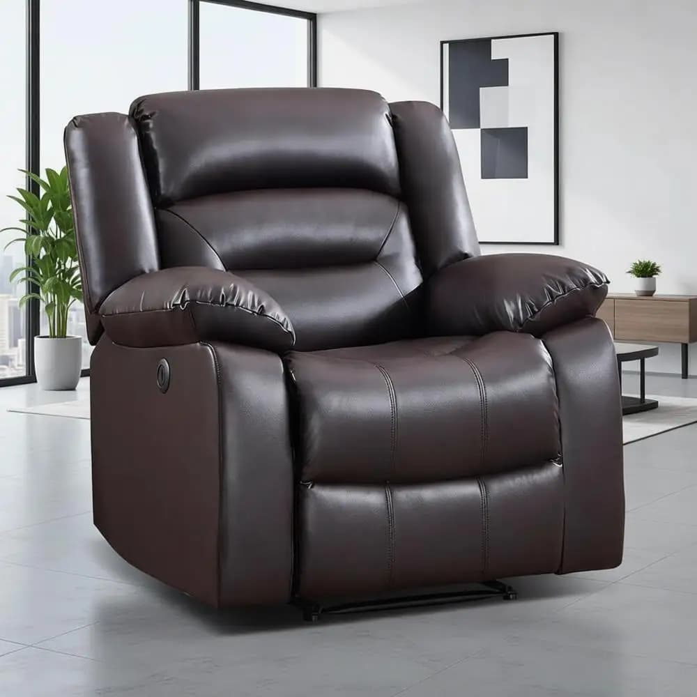 Oversize leather electric reclining chair with thick pillow, comfortable armrest and USB port, brown