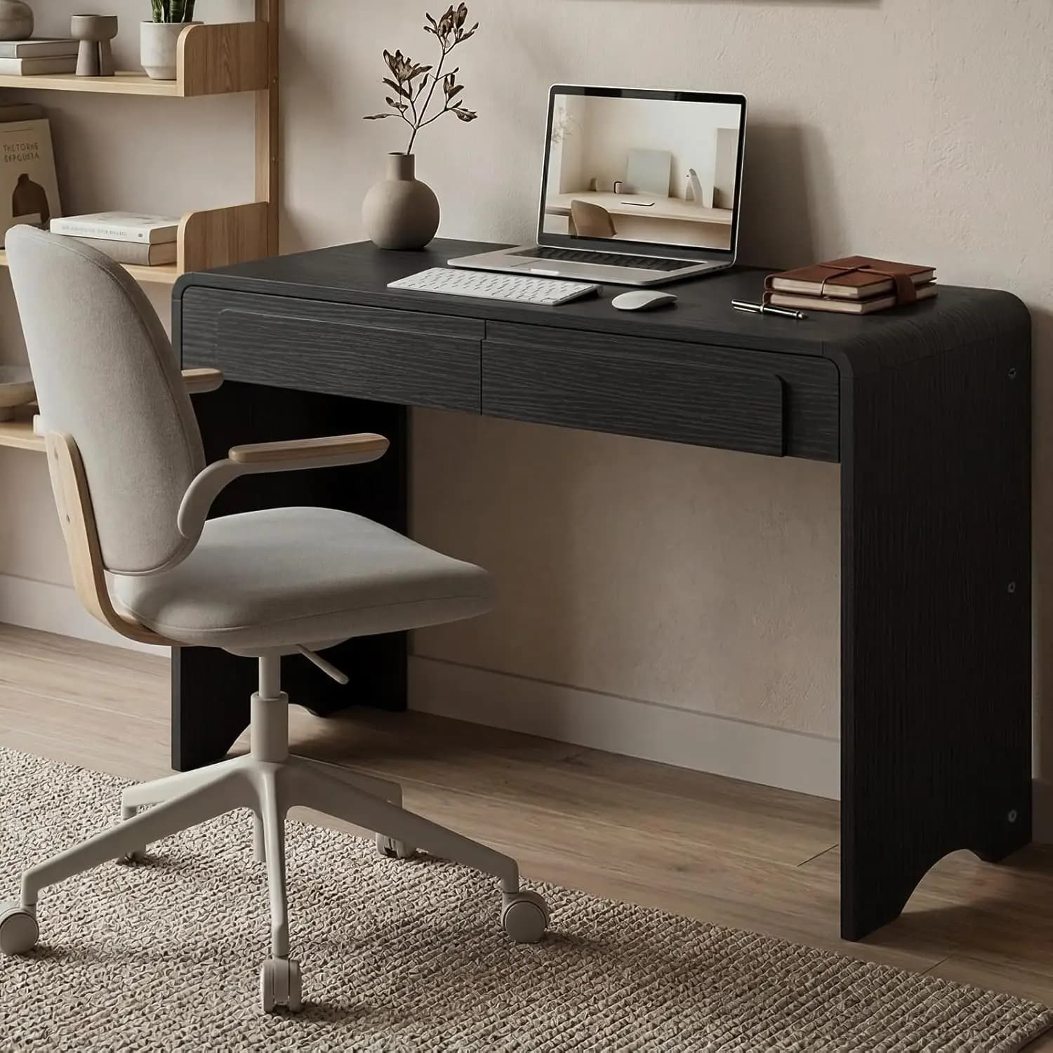 Computer Desk With 2 Drawers, 47 Inch Wood Home Office Desk, Small Writing Table With Curved Handles & Waterfall, Customized