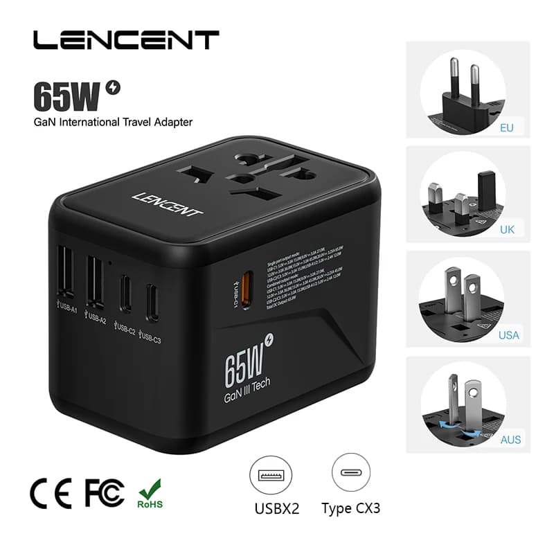 LENCENT 65W/45W/30W GaN Universal Travel Adapter with USB-A and Type C Fast Charging Power Adapter EU/UK/USA/AUS plug for Travel