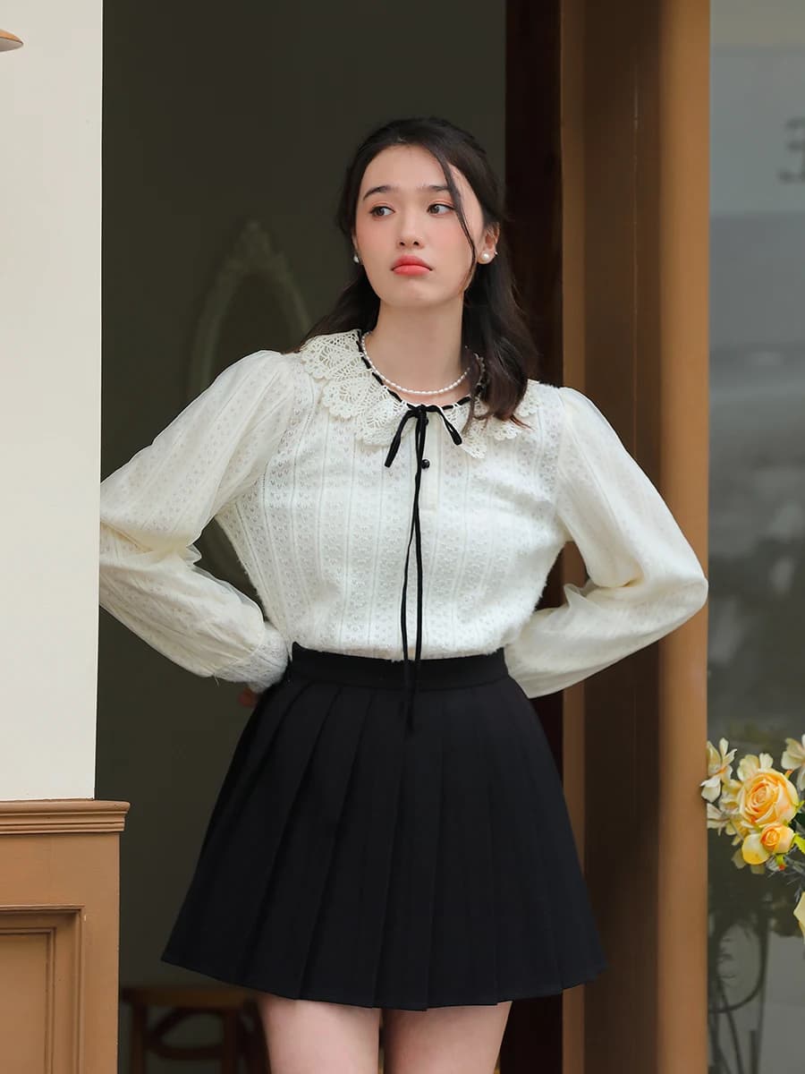 Camicetta in Pizzo a Maniche Lunghe Stile Principessa, Moda Primaverile da Donna, Colletto a Petalo con Nodo, Base Bianca, Stile Dolce