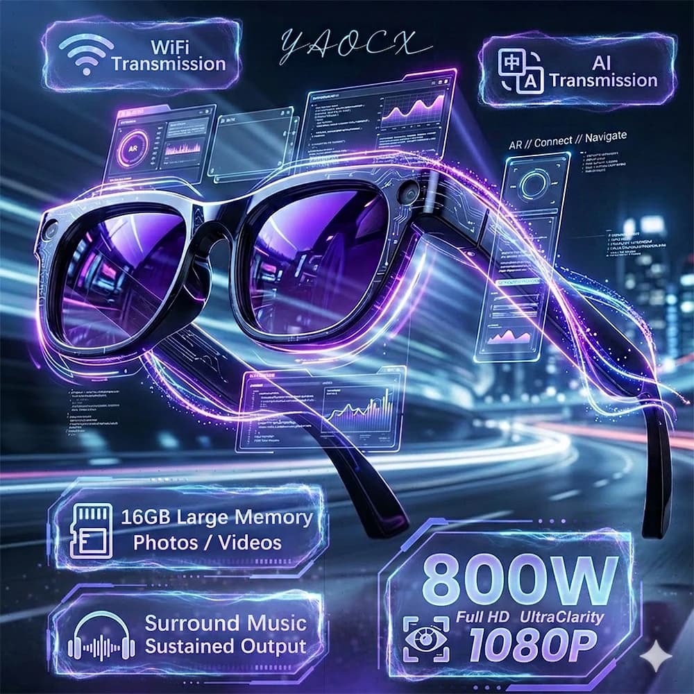 Smart AI Ultra 2026 Glasses with 800W Camera, ChatGPT Vocal Assistant, 16GB Memory, Real Time Translation, Bluetooth Music and Sun Eyes Function