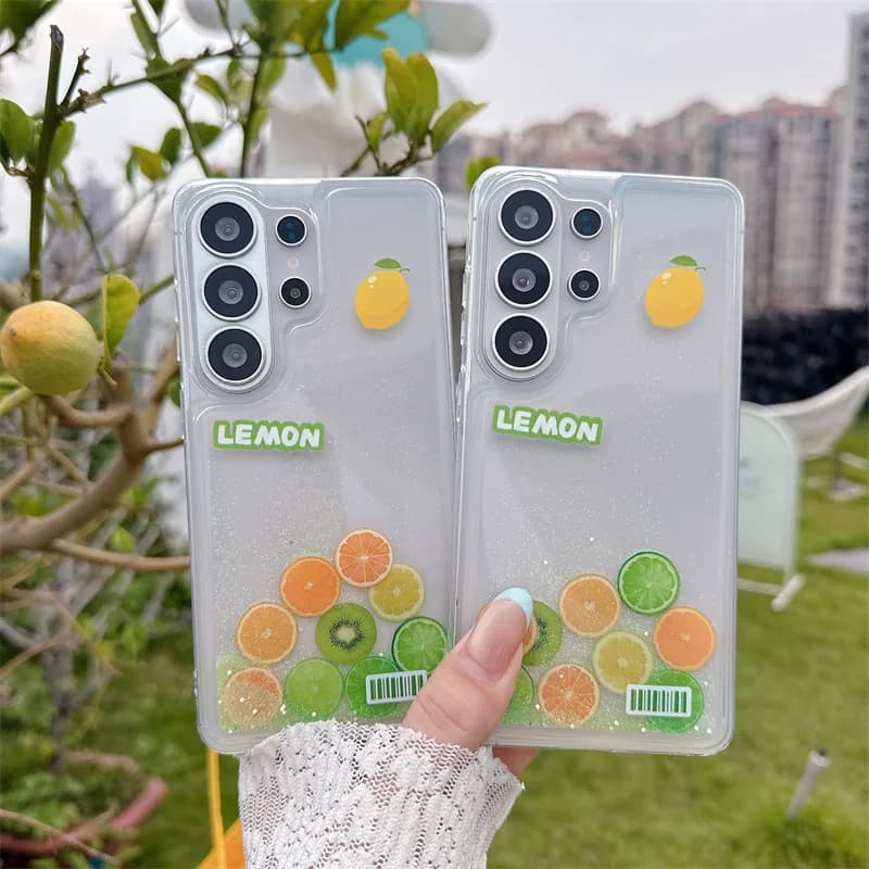 Glitter Quicksand Slider Lemon Case for Samsung S24 S25 S26 Ultra Soft Silicone Clear Move Sand Cover Dynamic Liquid Phone Shell