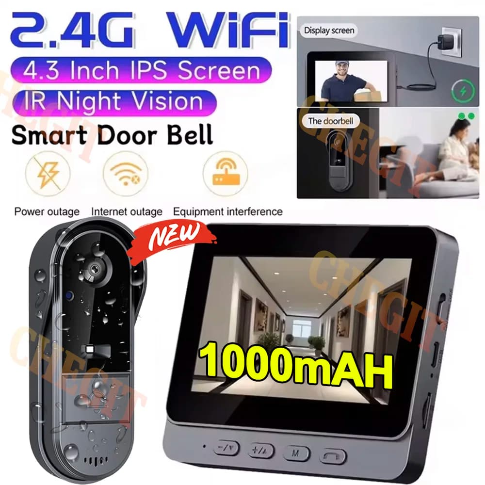 Nuovo campanello senza fili impermeabile telecamera schermo IPS da 4,3 pollici videocitofono 1080P campanello per porte di sicurezza domestica visione notturna IR