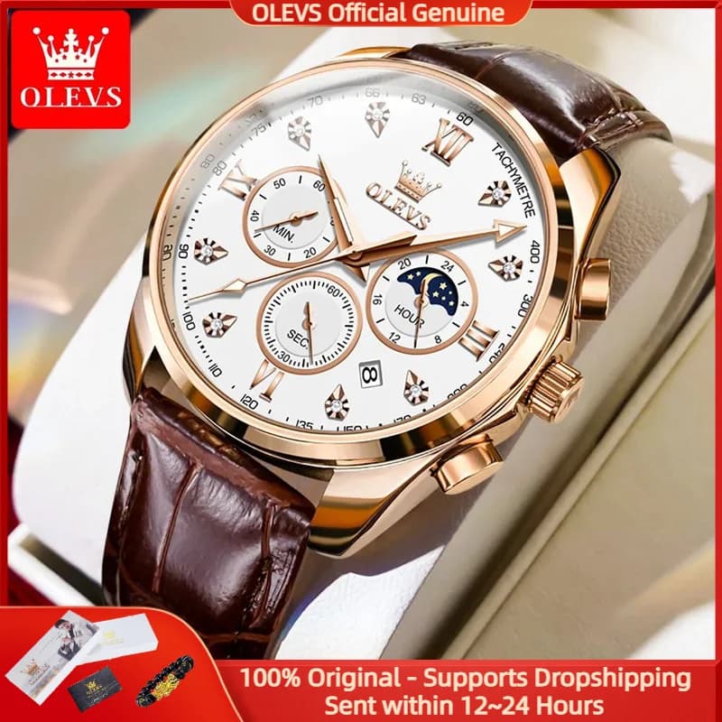 OLEVS 2888 Orologio da uomo d'affari cinturino in pelle orologio al quarzo multifunzionale marchio di lusso per il tempo libero sportivo orologio da uomo orologio con fasi lunari