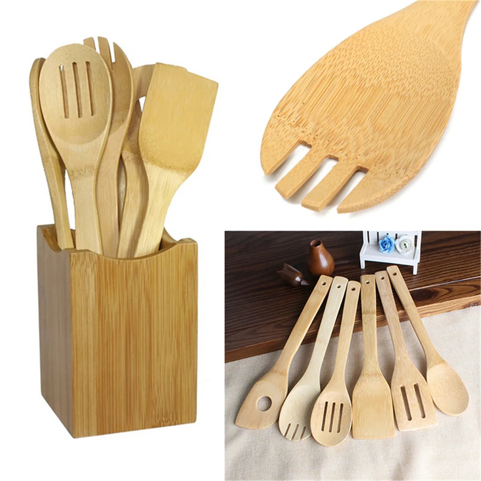 Set di utensili da cucina 6 pezzi pentole antiaderenti per cucina manico in legno cucchiaio da minestra spatola cucchiaio di riso pala Set da cucina