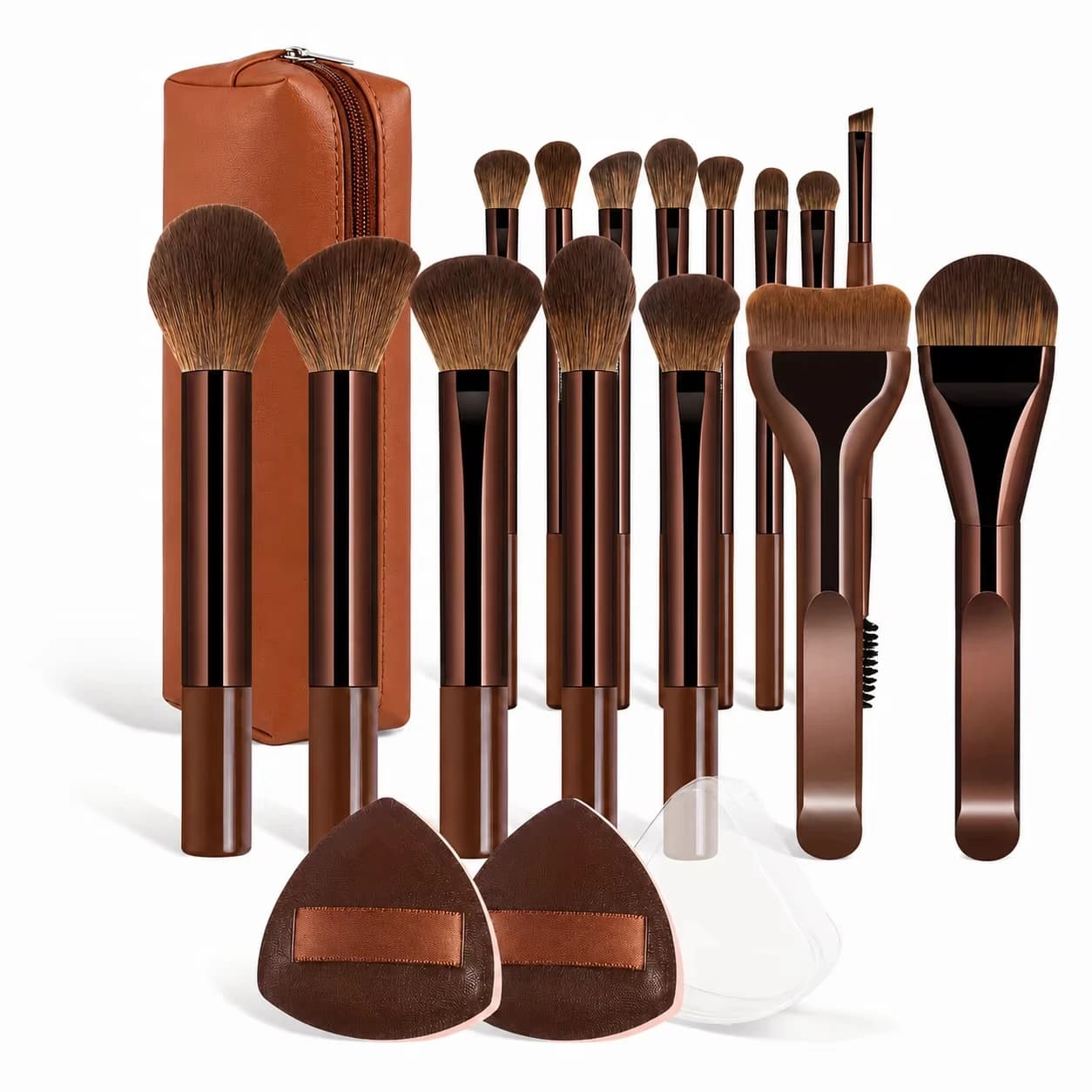 Brush Set - 18pcs High-Value ulti-Functional - Including 15 Makeup Brushes + 2 Powder Puffs + Makeup Bag - Travel-Friend