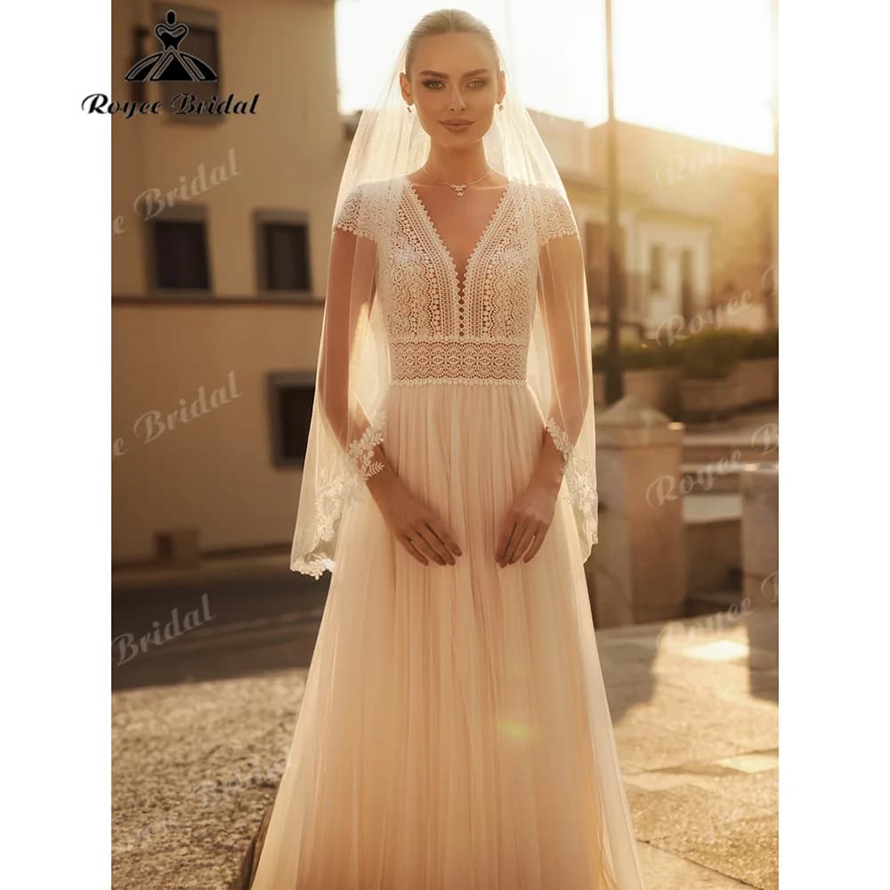 V Neck Cap Sleeve Crochet Lace A Line Wedding Dress Keyhole Back Soft Tulle Sweep Train Modest Boho Vestido De Novia Customized
