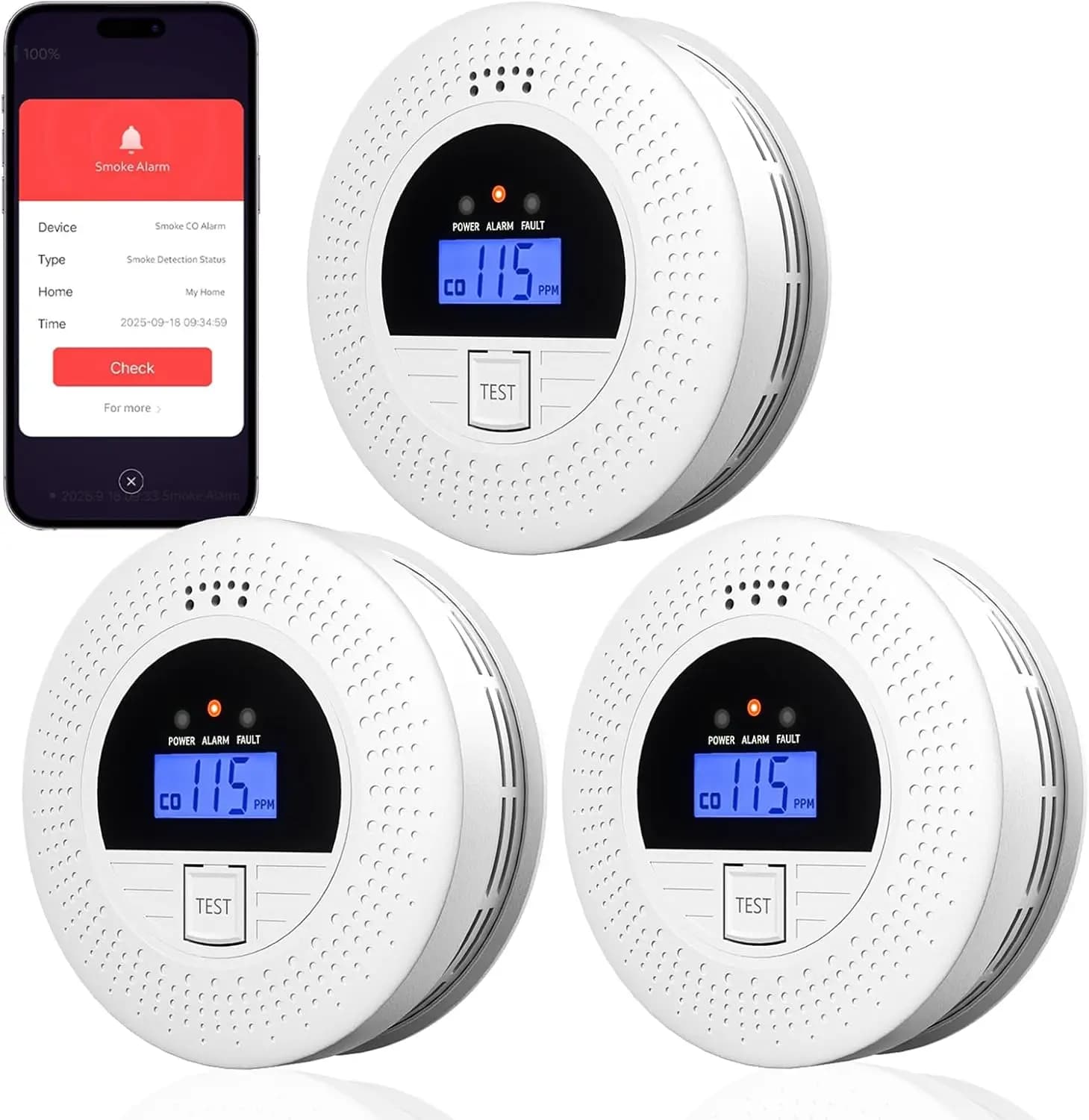 Rilevatore di Fumo e CO WiFi Smart, Confezione da 3: Avvisi in Tempo Reale, Allarme Sonoro, Facile Installazione per la Sicurezza Domestica