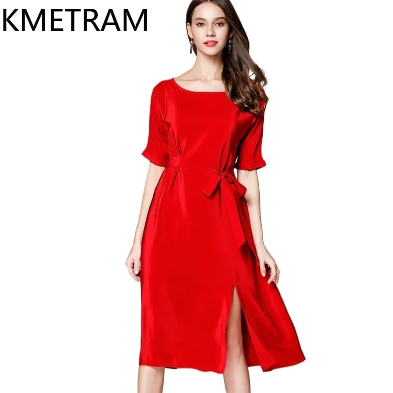 KMETRAM 100% seta di gelso vestito da donna elegante partito abiti lunghi femminile 2024 nuovo in estate vestito rosso abbigliamento donna abiti