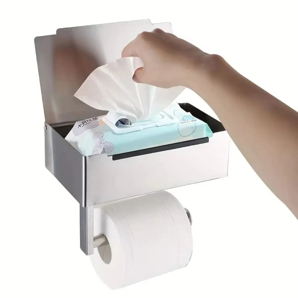 Portarotolo di Carta Igienica in Acciaio Inox con Scatola Portaoggetti Impermeabile, Dispenser per Salviette da Parete Autoadesivo Multifunzionale
