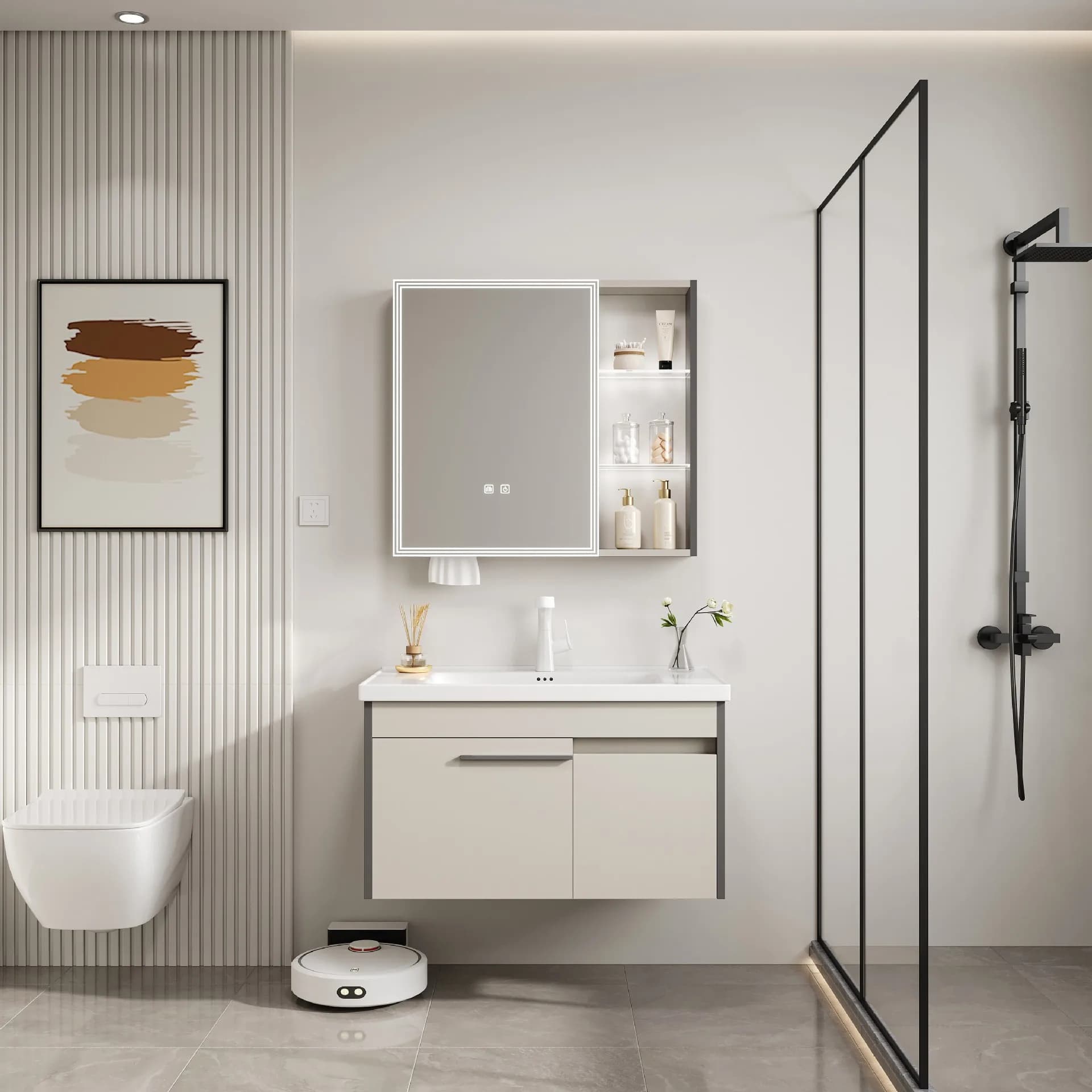 Mobile da bagno Vanity con lavabo in ceramica Combinazione di mobili Armadietto a specchio intelligente Lavandino per lavabo di tipo galleggiante di lusso laccato