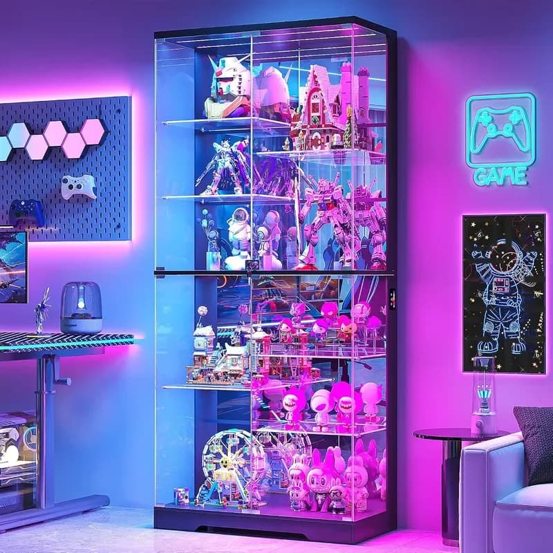 10-Tier Glass Display Cabinet with RGB Light and Motion Sensor Black