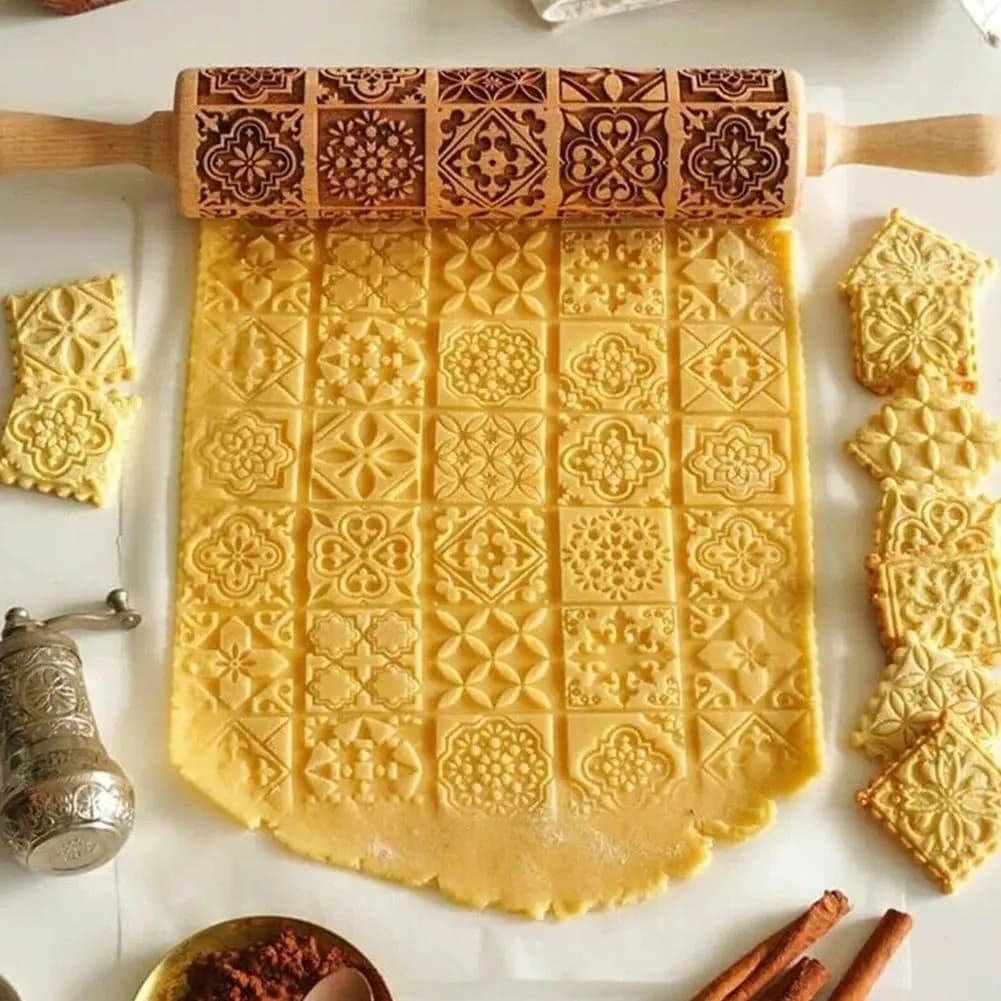 Mattarello natalizio con motivi floreali, stampo per biscotti 3D in rilievo in legno inciso al laser strumenti di cottura fai da te rullo per impasto