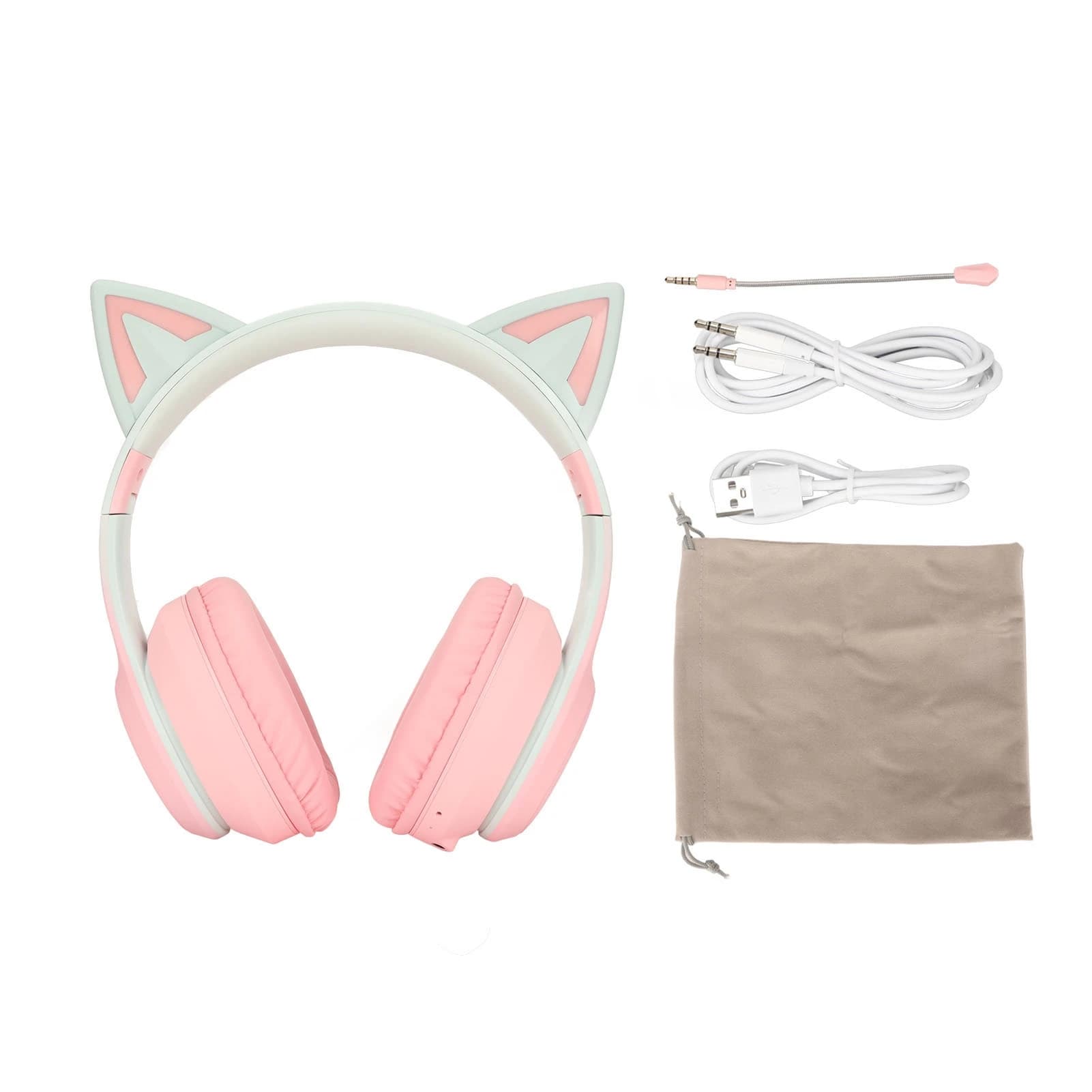 Cat Ear Bluetooth Gaming Headphones Wireless Foldable Music Headset with LED Light Detachable Microphone 3.5mm Cable