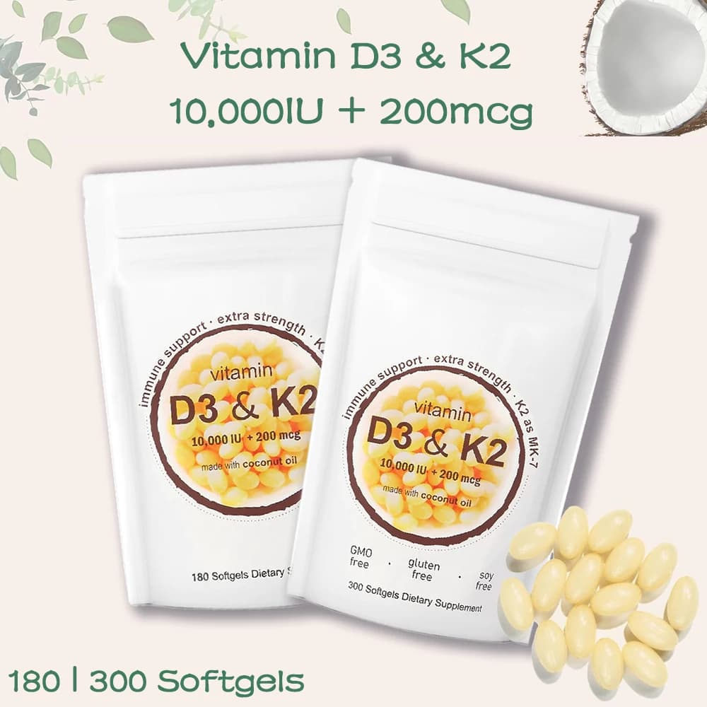 Vitamina D3 10.000 UI + K2 MK7 200mcg in Capsule Morbide | Complesso 2-in-1 con olio di cocco | Supporta la salute di cuore, ossa, denti e sistema immunitario