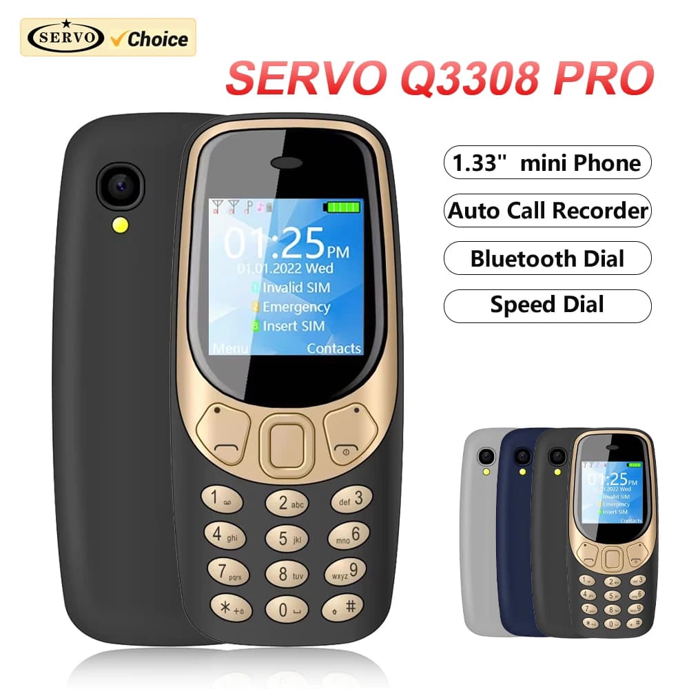 SERVO Q3308Pro 3 SIM Card Mini mobile phone Dial Bluetooth Magic Voice Call Recorder FM Phones with small pocket button of 1,33 inch