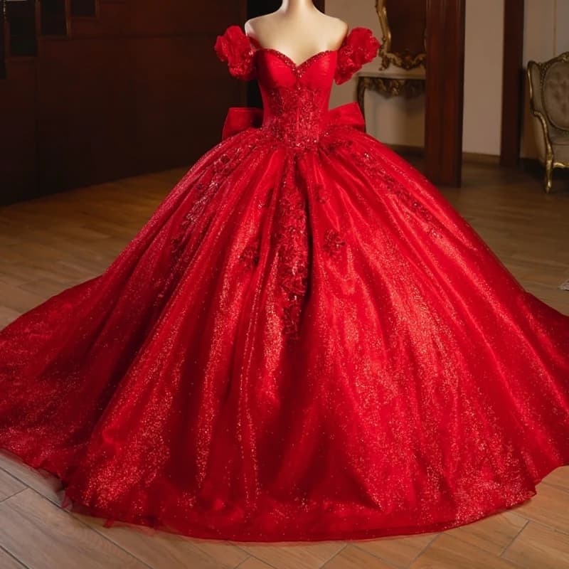 Rosso lucido Abiti stile Quinceanera Al largo della spalla Applique Perline di pizzo Fiocco Tull Festa di compleanno Dolce 16 Abito Abiti 15 De Anos