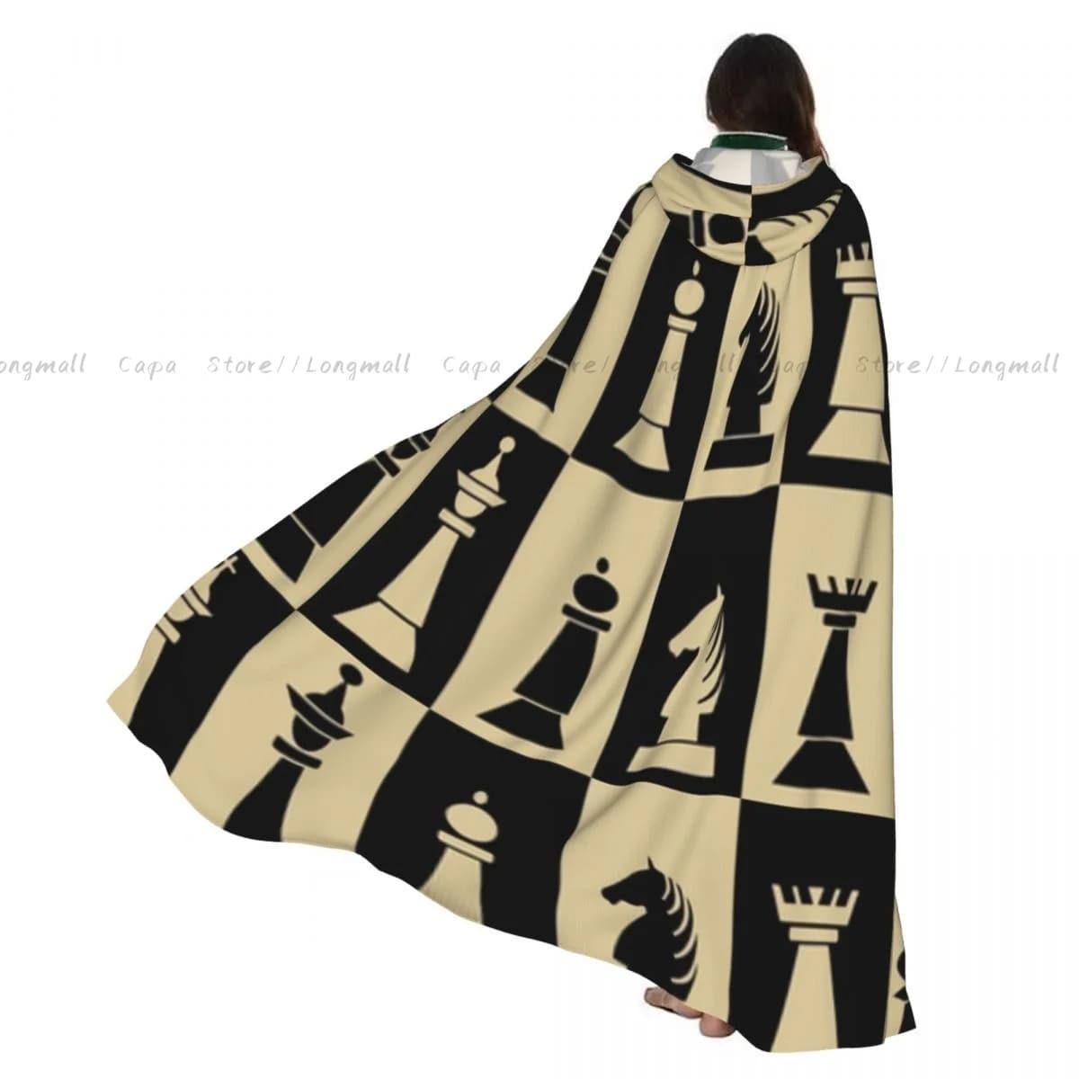 Chess Pieces On Chessboard Fields Cloak Hooded Cosplay Costume Halloween Adult Long Party Cape