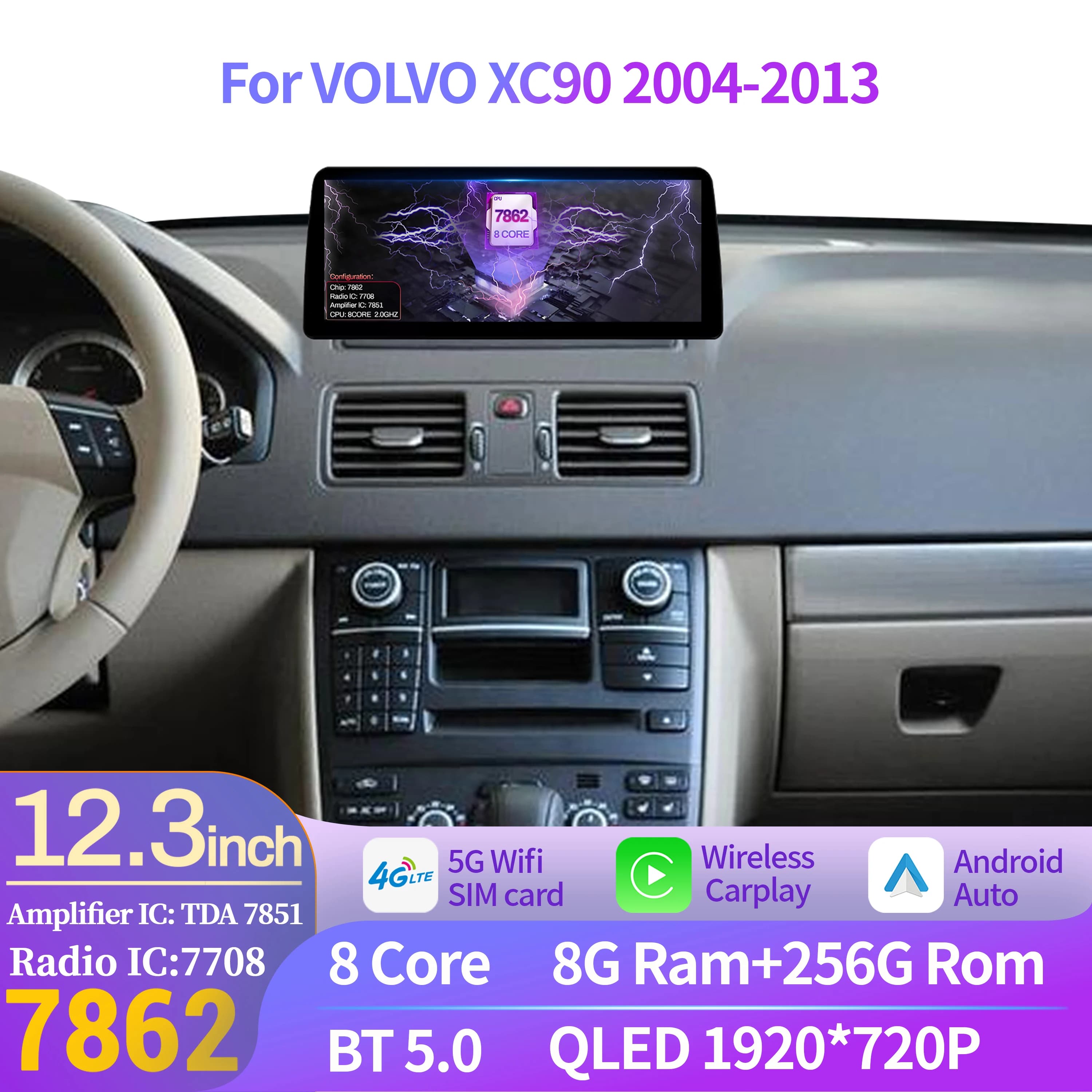 12.3 pollici Per VOLVO XC90 2004-2013 Autoradio Android Multimediale Senza Fili Carplay di Navigazione GPS WIFI 4G Stereo Unità di Testa schermo