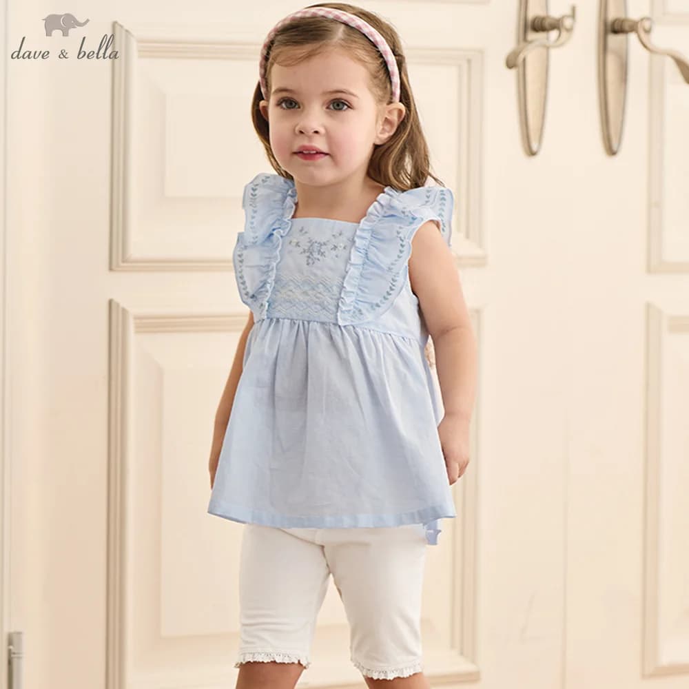 Set Estivo per Bambine Dave Bella, Completo con Canotta e Leggings Blu, Pantaloni Casual Elastici Freschi e Carini DB2262018